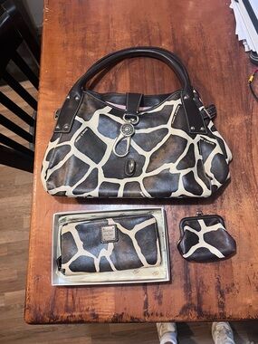Giraffe-Print Dooney & Bourke Handbag, Wallet, and Coin Purse Set - Brown/Black